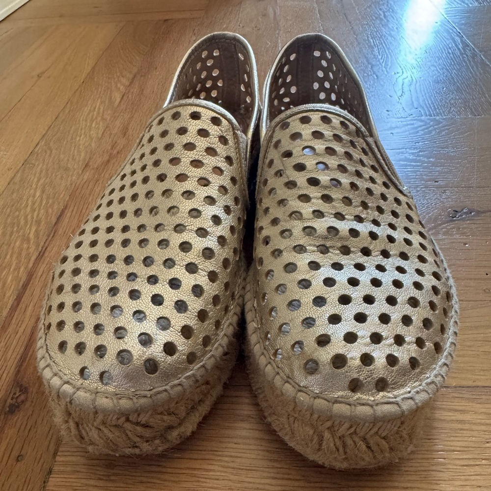 Loeffler Randall Rowan Gold Perforated Leather Espadrille Slip-Ons Size 37 - Picture 4 of 10